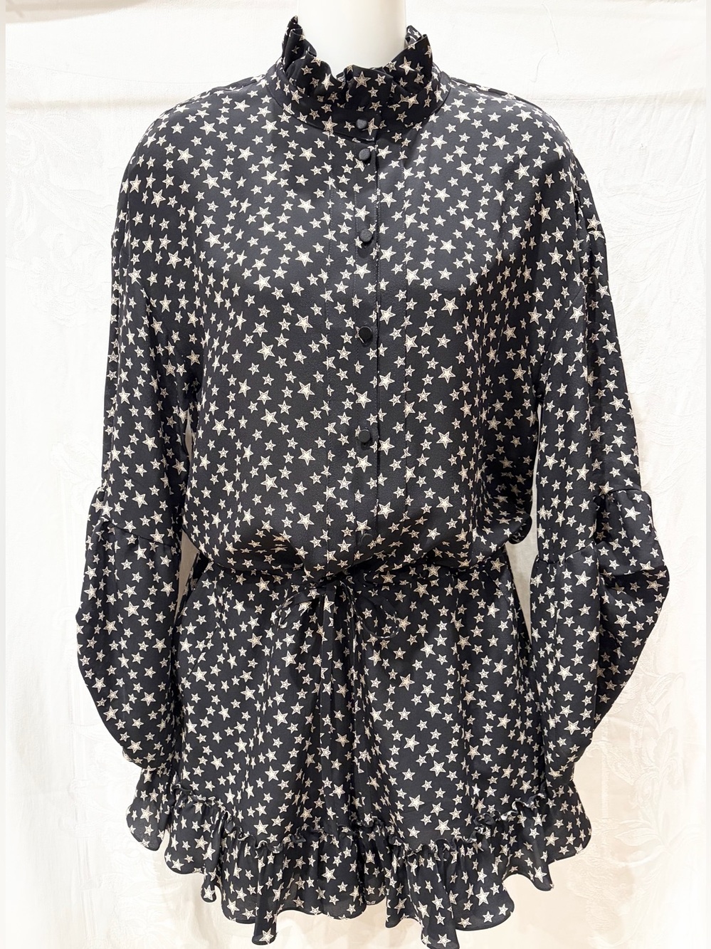 REDEMPTION Black Ivory Star Print Silk Ruffle Romper  IT38 US2/4 UK6 $1245 Italy